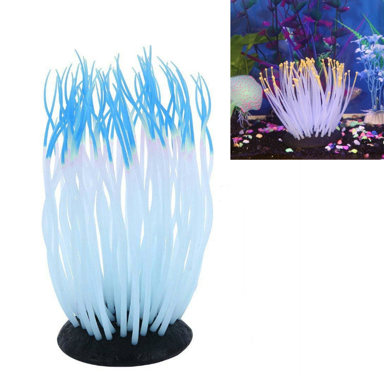 Coral tree aquarium ornament with light blue translucent strands and pale blue tips, black base