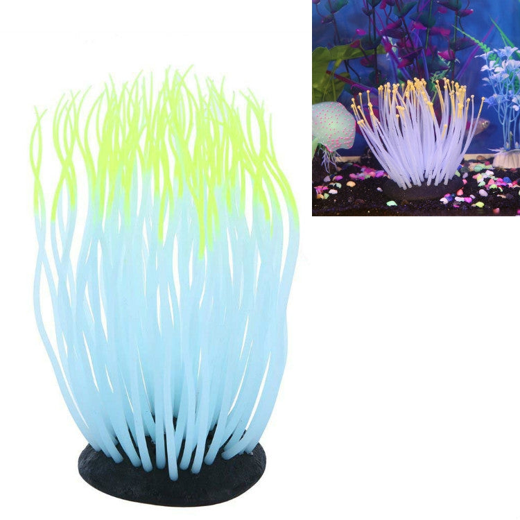 Coral tree aquarium ornament with lime green tips and light blue strands, black base
