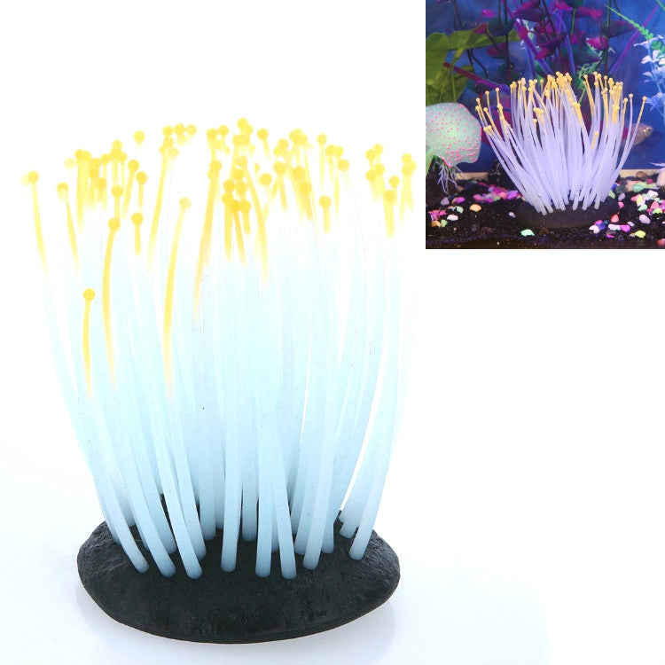 Coral tree aquarium ornament with yellow tips and light blue translucent strands, black base