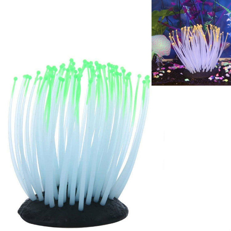 Coral tree aquarium ornament with neon green tips and light blue translucent strands, black base