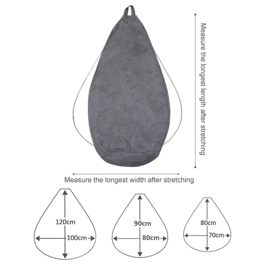 Gray bean bag chair fabric cover with carry handle, teardrop shape and size measurements