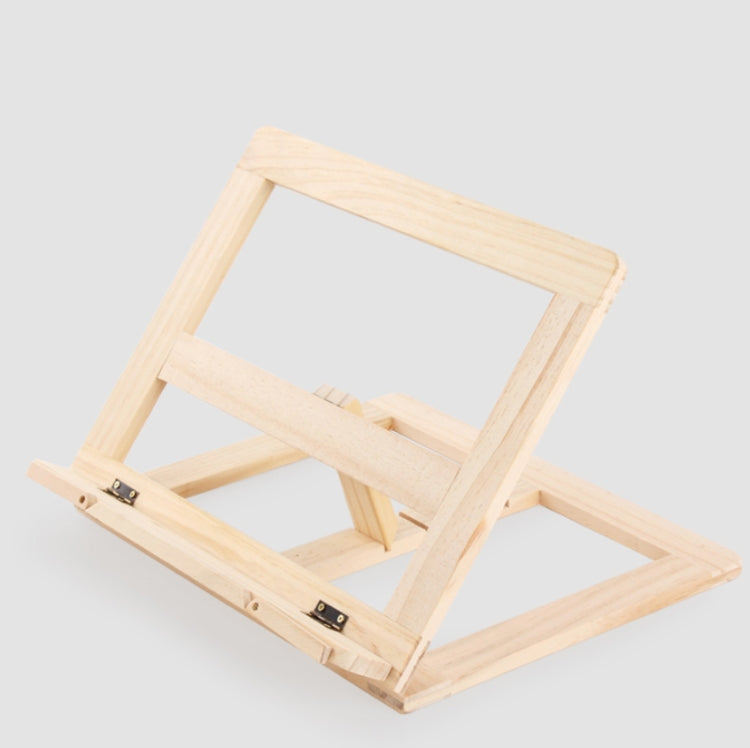 Wooden reading rack notebook stand with black metal clips and light natural wood frame
