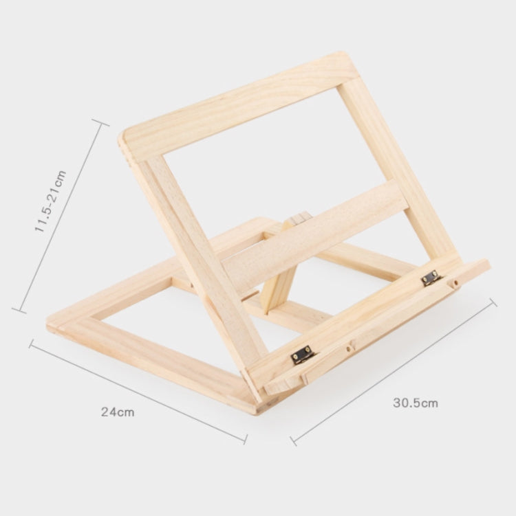 Wooden reading rack notebook stand with metal clips and angled open frame, light wood