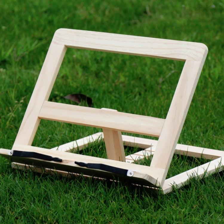 Wooden reading rack stand with black feet and light natural wood frame