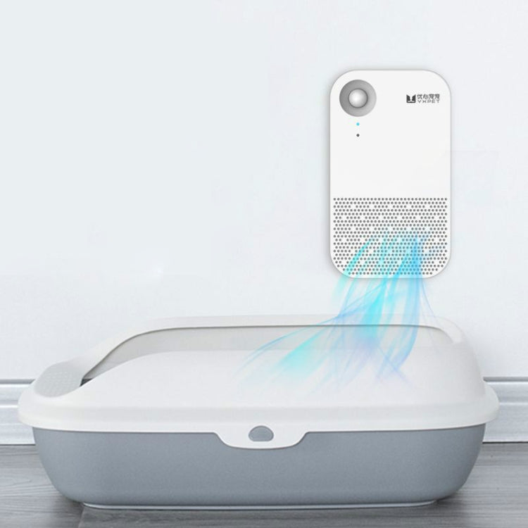 Pet deodorizer air purifier, white device mounted above a pet litter box