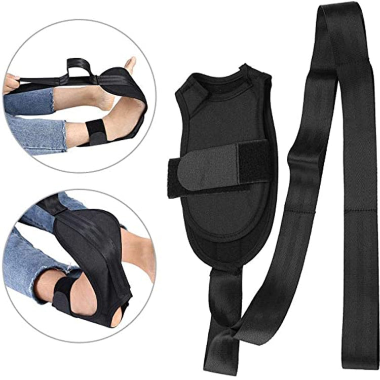 Black yoga stretching belt set with padded foot strap and long adjustment strap.