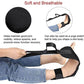 Black padded yoga stretching belt with loop for ankle and hand-held strap.
