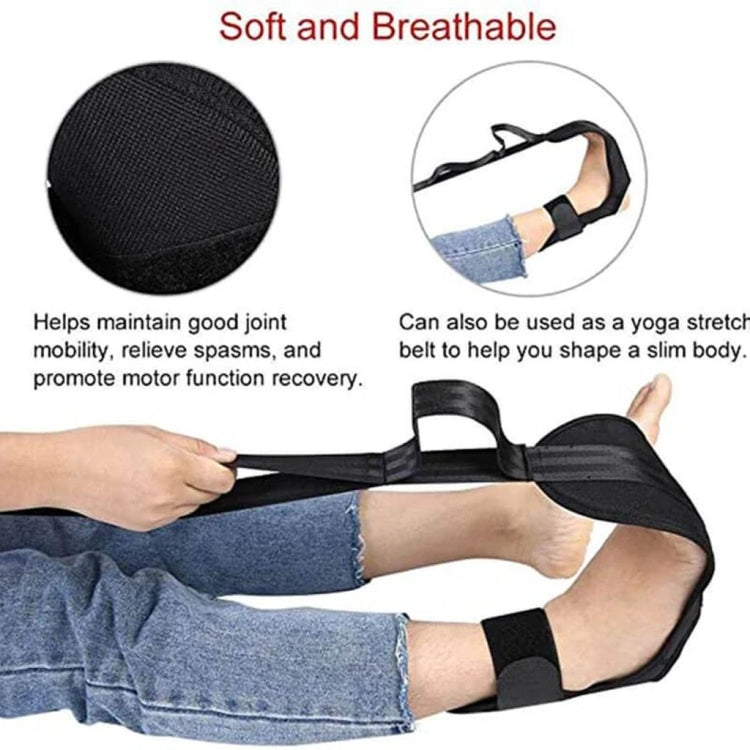 Black padded yoga stretching belt with loop for ankle and hand-held strap.