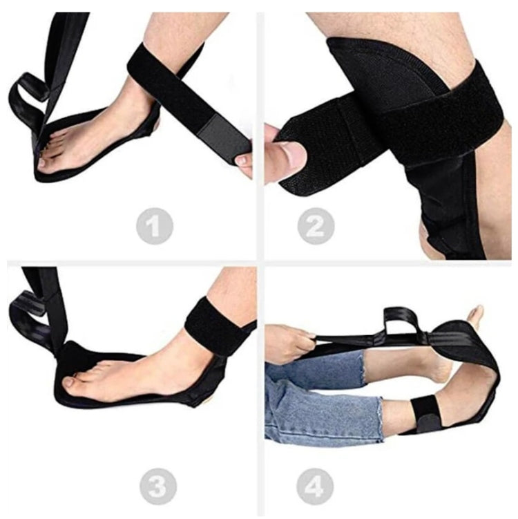 Black yoga stretching belt with adjustable ankle strap and foot loop, step views.