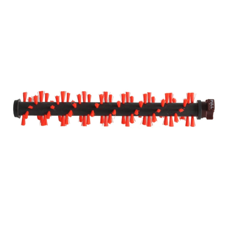 Black vacuum brush roller with bright red bristles along the edge