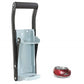 Can crusher opener with black frame and light blue tray base for pressing soda cans