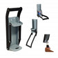 Can crusher with black handle and legs and light blue base stand for can crushing