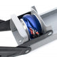 Can crusher mechanism closeup with gray lever bar pressing a blue can