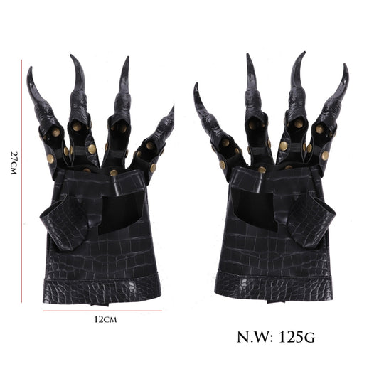 Black dragon claw gloves showing gold studs on long claw-style fingertips