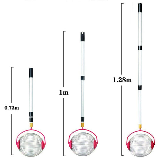 Telescopic fruit picker with wire mesh basket shown at multiple rod lengths (0.73 m–1.28 m)