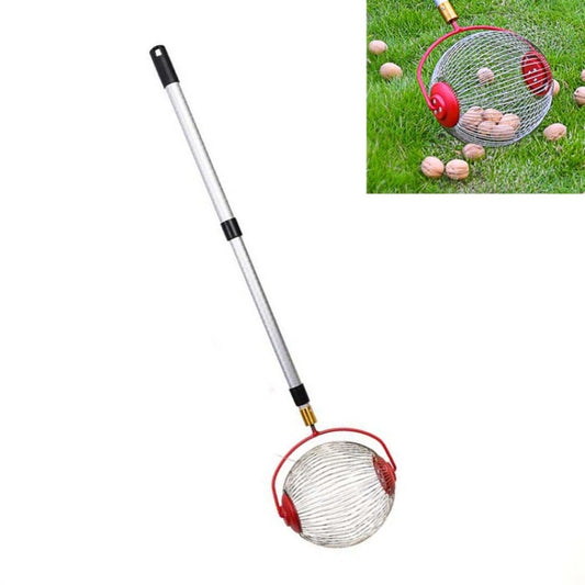 Telescopic nut and fruit picker tool with round metal mesh basket and red scoop wheels