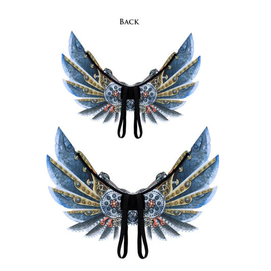 Back view of mechanical punk wings headpiece with black cords and blue wing panels