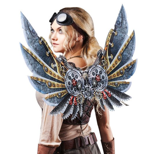 Mechanical punk carnival wings costume with blue fabric wings and steampunk gear centerpiece