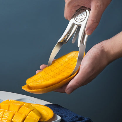 Stainless steel mango slicer corer peeler with curved blade cuts mango slices