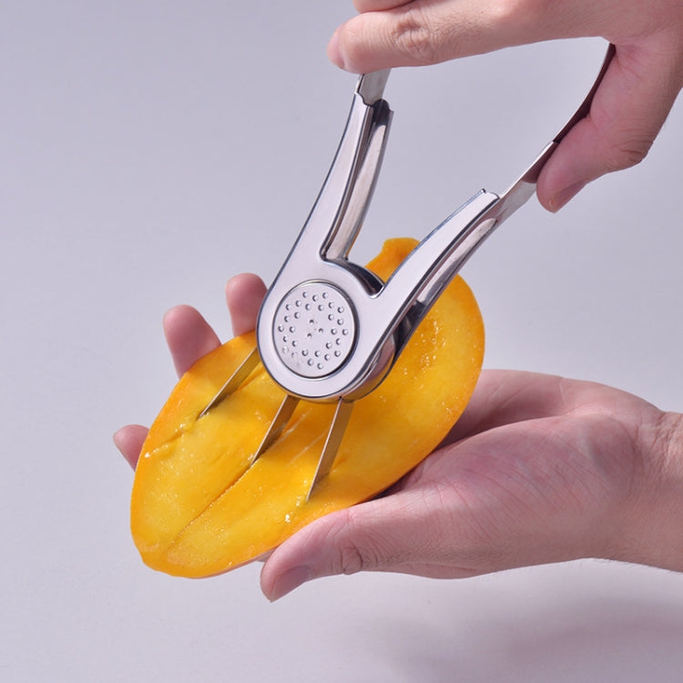 Stainless steel mango slicer corer with perforated disc pressed onto mango