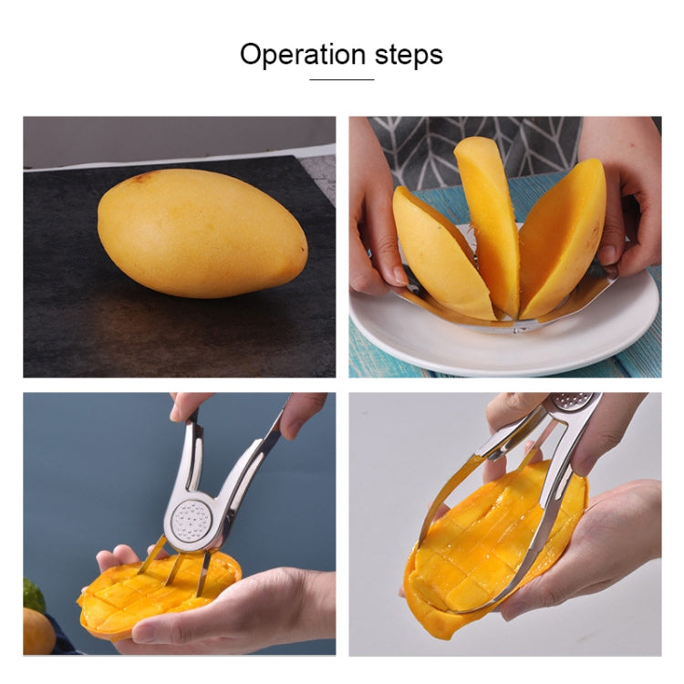 Mango slicer corer tool in use for coring and slicing mango pieces