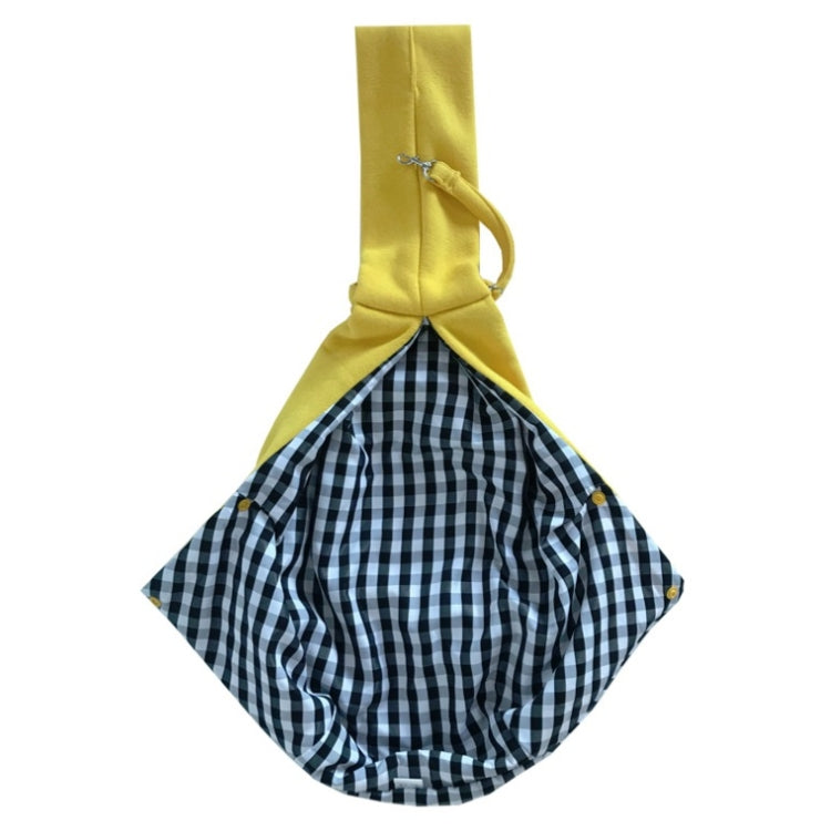 Cotton pet messenger shoulder bag in bright yellow with drawstring top and check inner lining