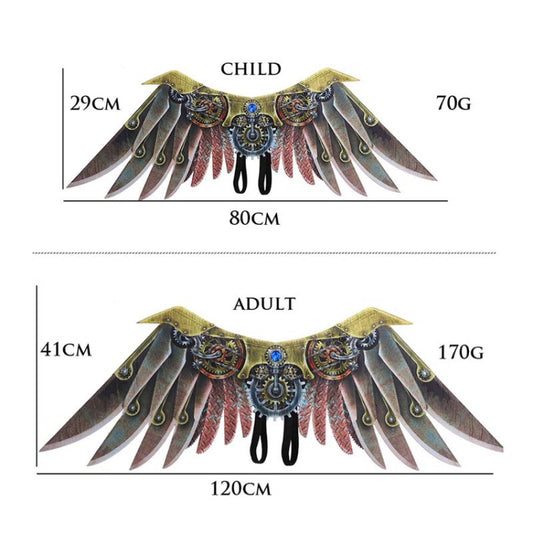 Steampunk wing shoulder costume size chart view with blue center emblem and fan wings