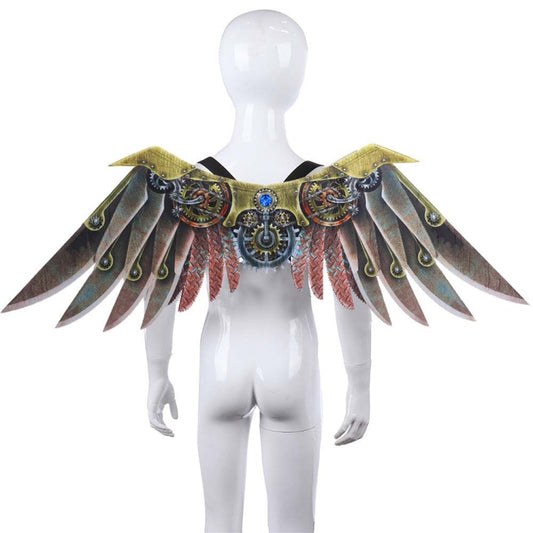Steampunk wing shoulder costume with bronze, blue, and red gear decorations