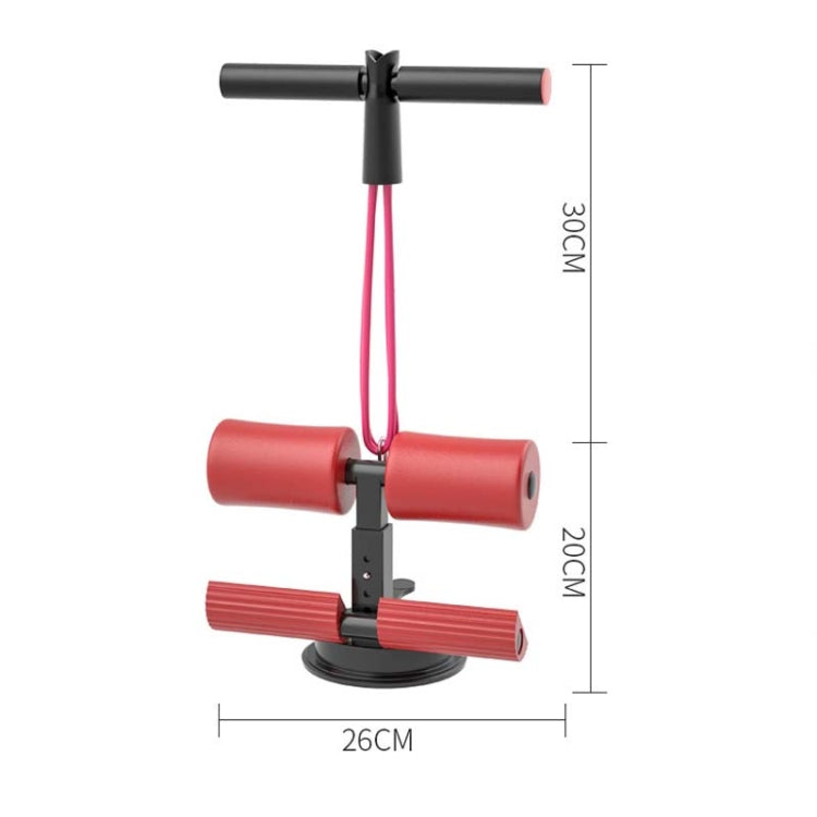 Red suction-cup abdominal curler sit-up aid with drawstring straps and size shown.