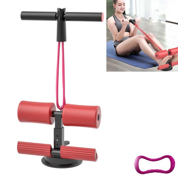 Red abdominal curler sit-up aid with hanging drawstrings and pull strap