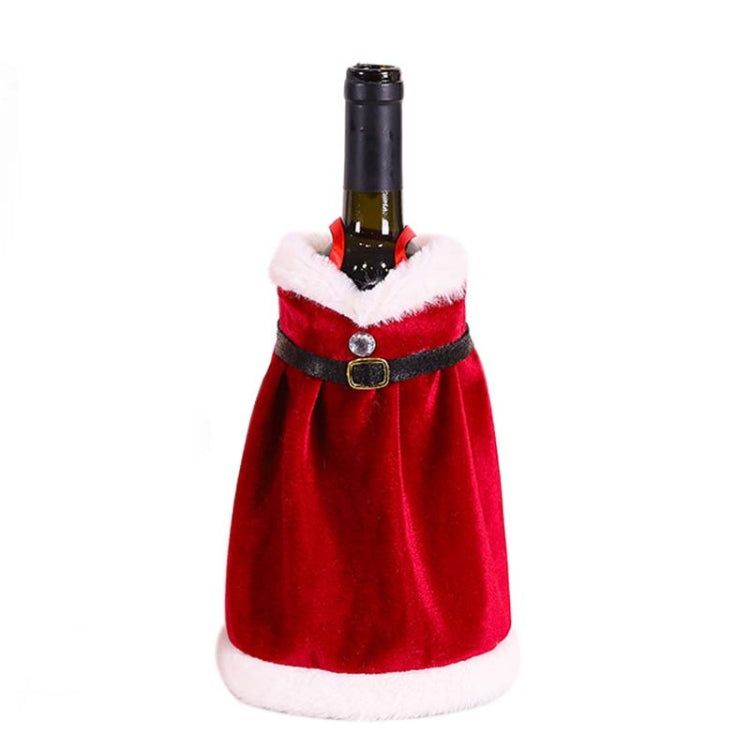 Red velvet wine bottle skirt with white trim, black belt, and silver buckle.