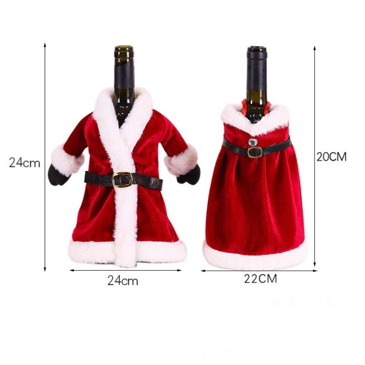 Pair of red velvet wine bottle covers: coat-style dress and skirt, both with white trim.