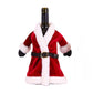 Red velvet wine bottle dress cover with white fur trim, black belt, and gold buckle.