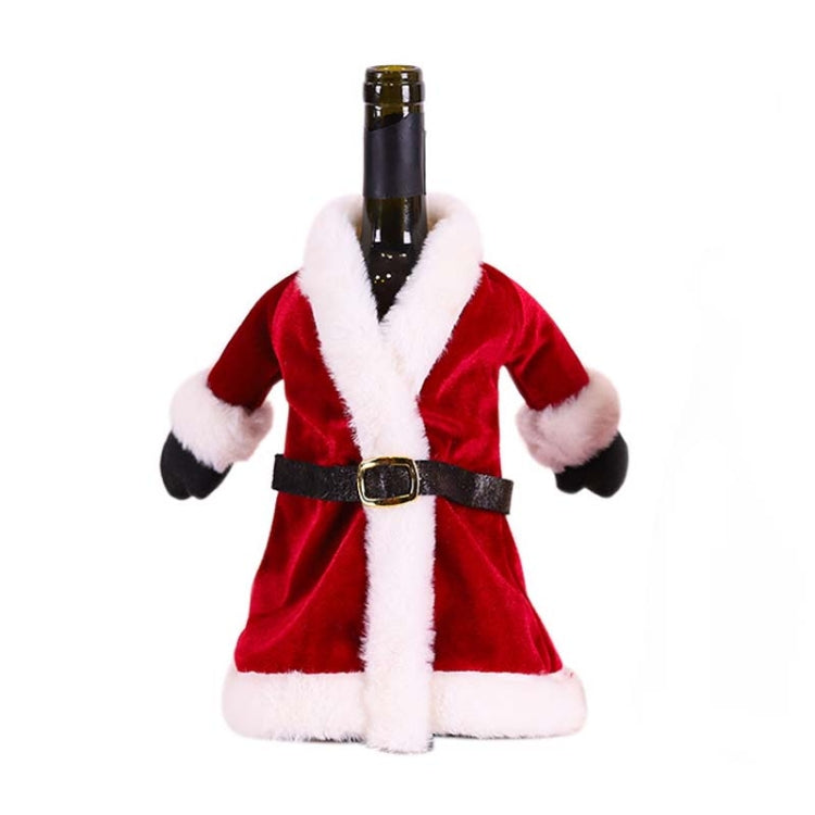 Red velvet wine bottle dress cover with white fur trim, black belt, and gold buckle.