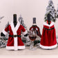 Two red velvet wine bottle covers with white trim: dress and skirt styles.