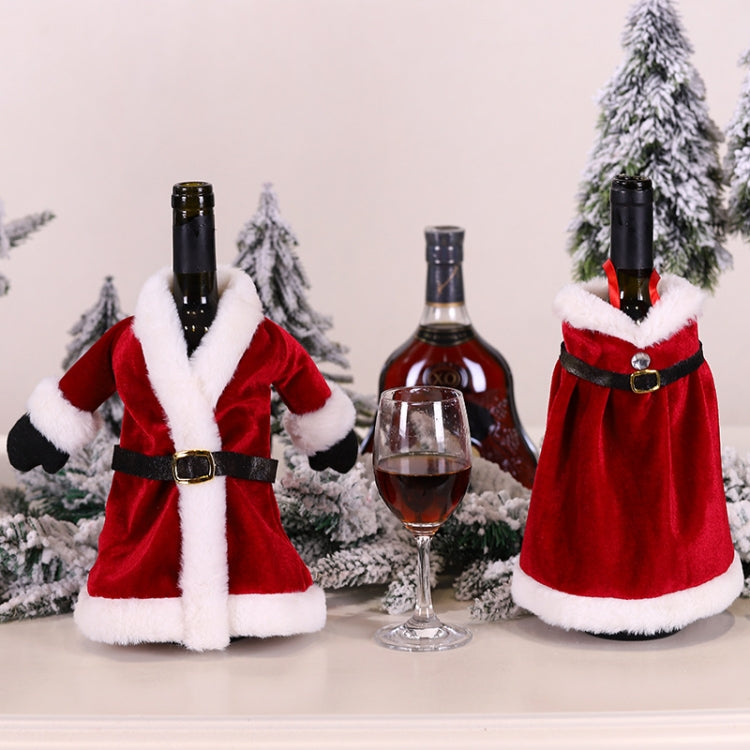 Two red velvet wine bottle covers with white trim: dress and skirt styles.