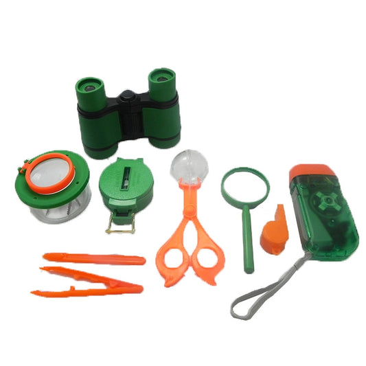 Insect observation kit with green binoculars, magnifier net, orange scissors, tweezers