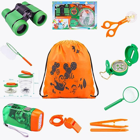 Green children’s binoculars with insect observation tools and orange storage bag