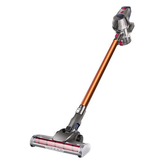 Cordless stick vacuum cleaner with orange tube and gray motor head plus floor brush