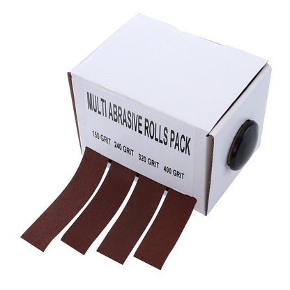 Multi-abrasive emery cloth roll pack in box with four brown grit strips
