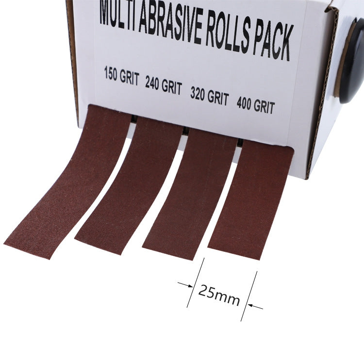 Close-up of four brown emery cloth sanding strips, 25mm width