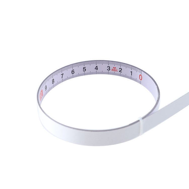 Self-adhesive steel tape measure loop with metric scale markings and numbers
