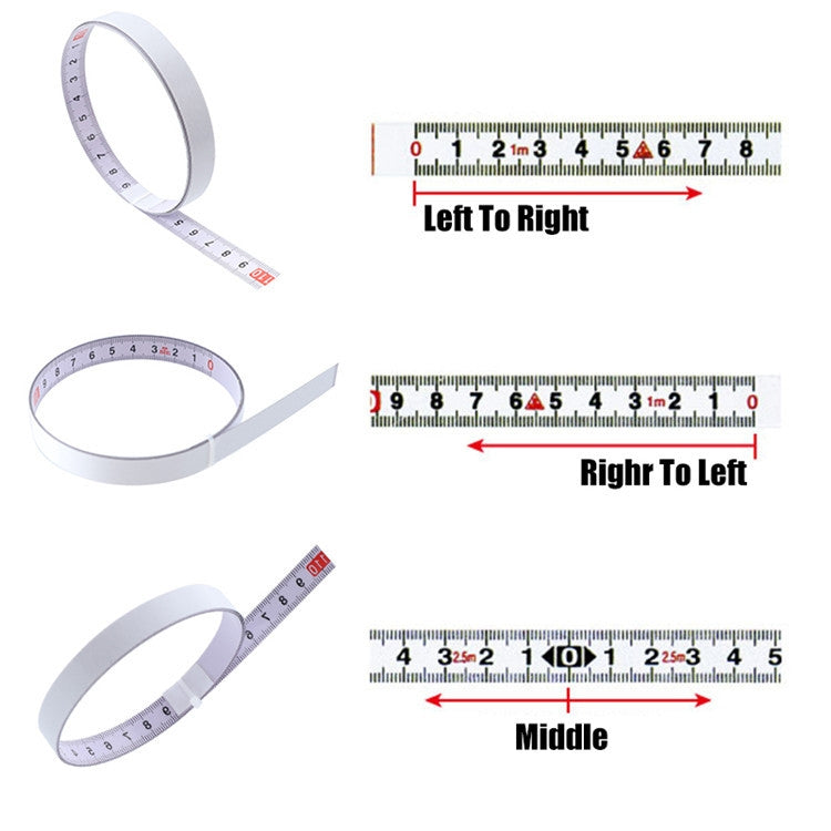 Self-adhesive steel tape measure showing left-to-right, right-to-left, and middle guides