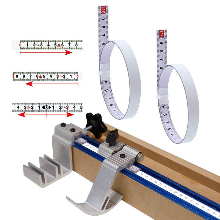 Self-adhesive steel tape measure with metric rulers and adhesive tool fixture