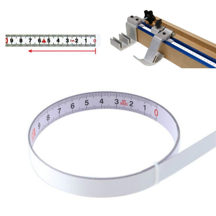 Self-adhesive steel measuring tape with circular loop, visible centimeter scale with clear red and black marks