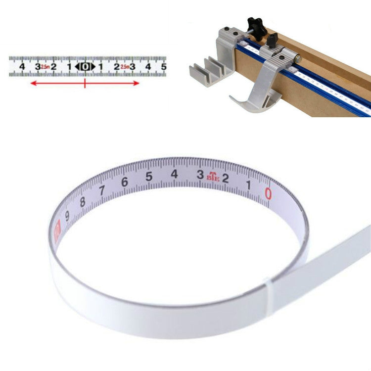 Self-adhesive steel measuring tape with circular loop and centimeter tick marks, ruler detail inset