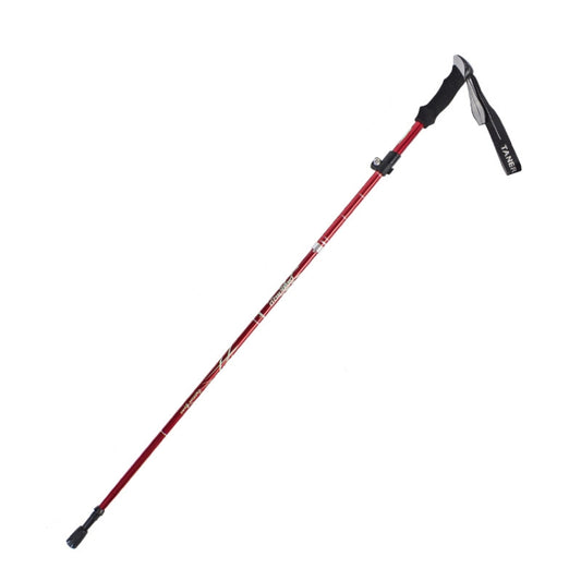 Folding trekking pole, red aluminum with black strap handle and rubber tip