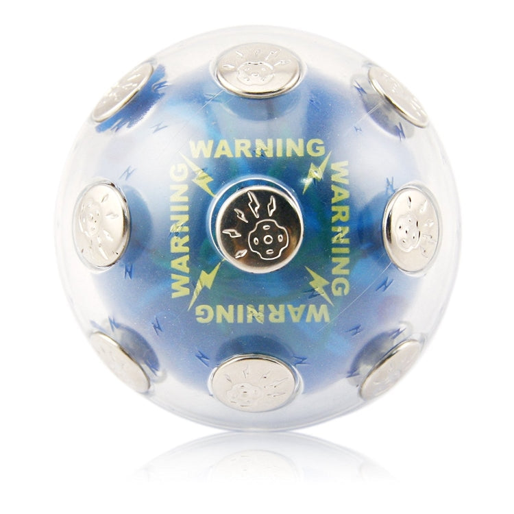 Blue and clear electric shock ball toy with warning text and six raised button caps