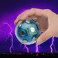 Hand holding blue clear warning electric shock ball toy with warning panel and button caps