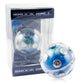 Packaged blue clear shock ball toy with warning text and raised button caps